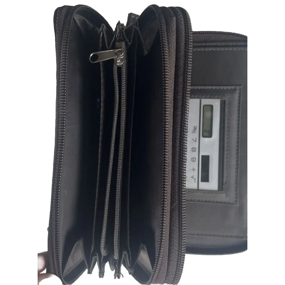 Unbranded Double Zip Pebbled Leather Brown‎ Walletbwith Calculator & Key Chain